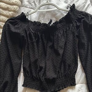H&M Black Ruffled Smocked Blouse with Long Puff Sleeves